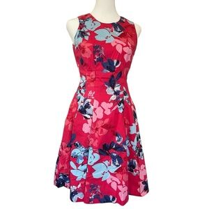 VINCE CAMUTO PINK SLEEVELESS FLORAL PRINT FIT AND FLARE MIDI COTTON DRESS SIZE 8